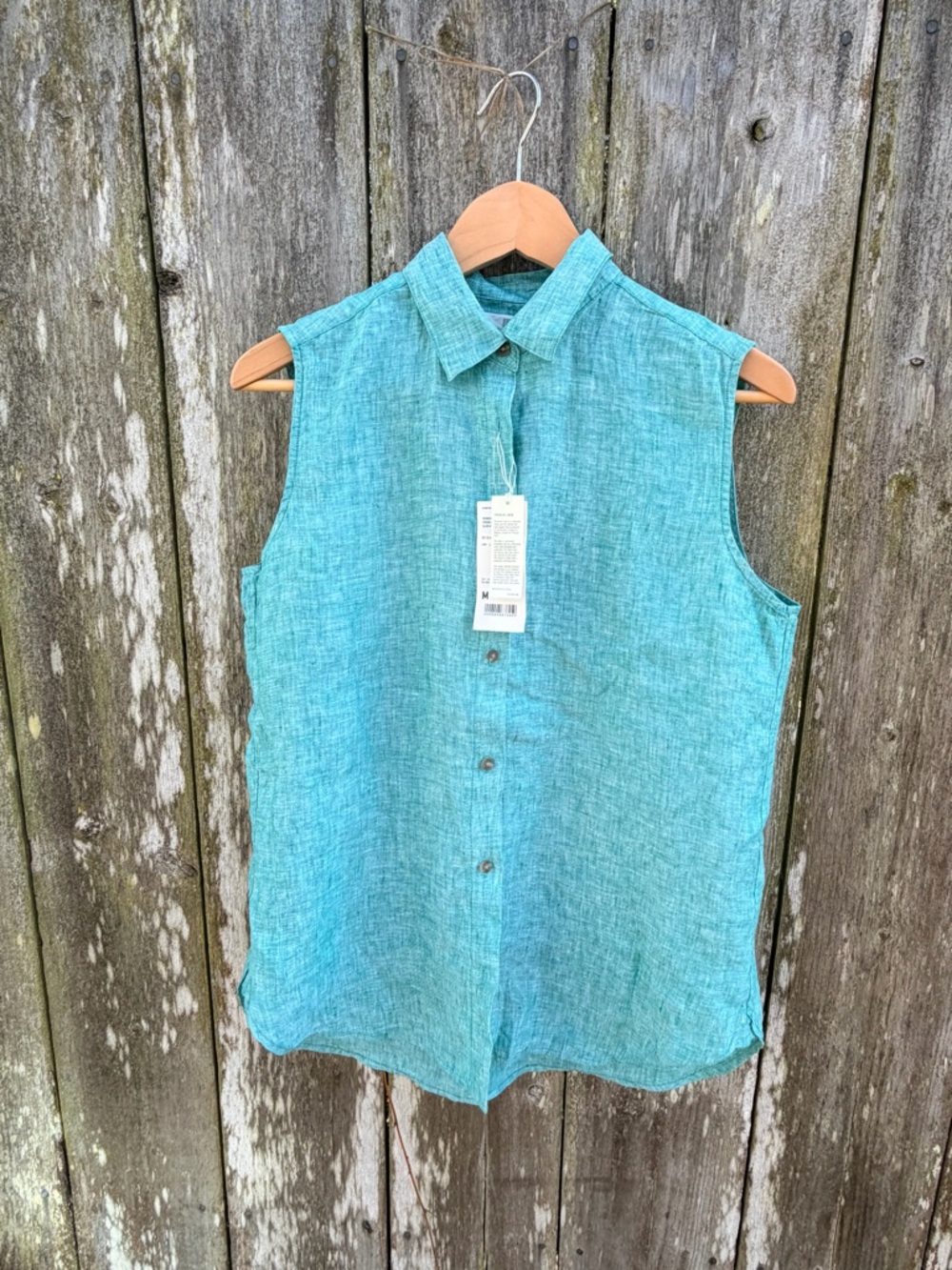 New Uniqlo Teal Sleeveless Button-Down Linen Shirt